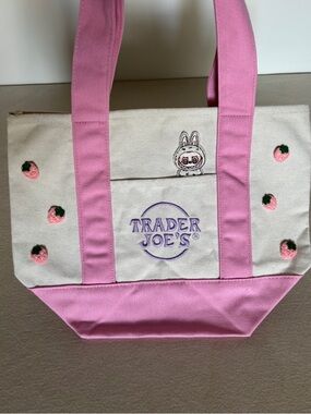 Trader Joe's Custom Pastel Mini Tote Labubu Strawberry Embroidered Tote Pink